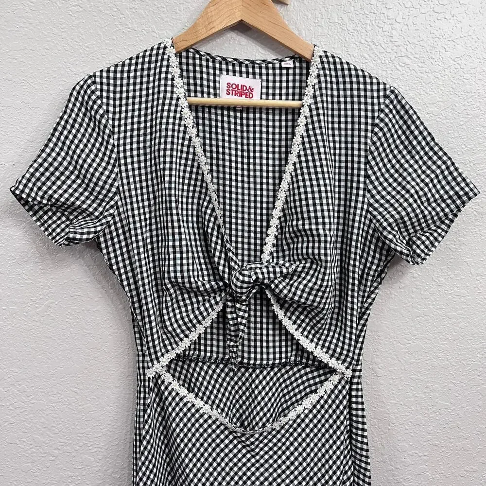 NEW SOLID AND STRIPED BLACK WHITE GINGHAM PRINT CUTOUT KNEE LENGTH DRESS MEDIUM